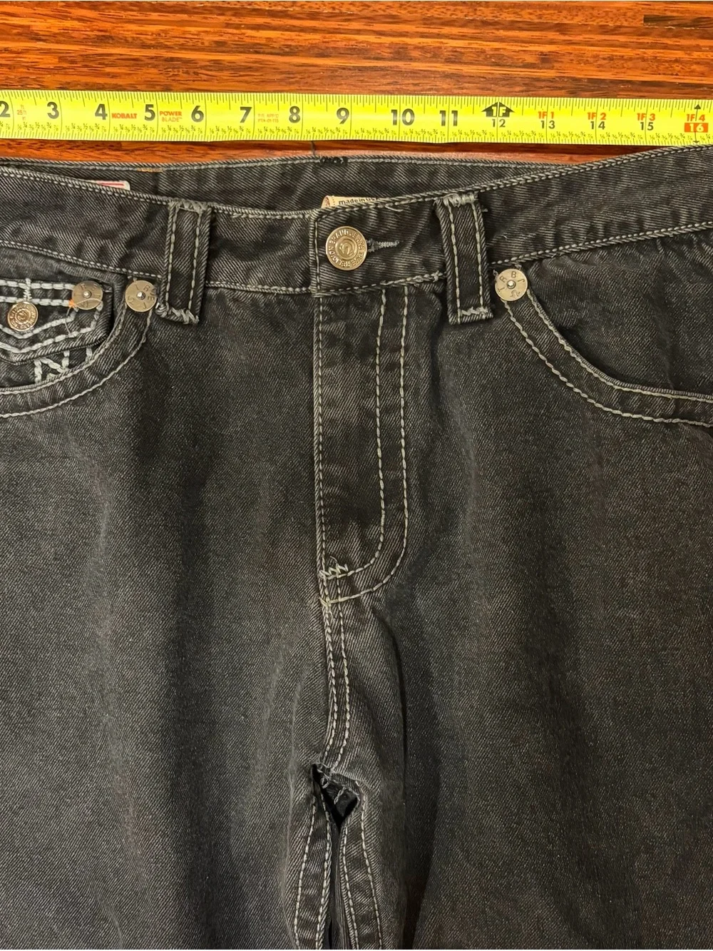 Vintage True Religion Ricky Black Big T Denim Jeans Mens Size 36x32 Flap Pocket